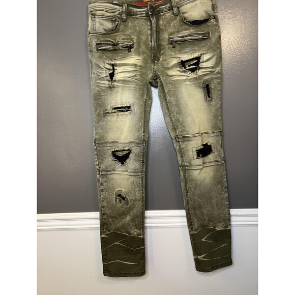 Makobi Jeans Mens 36x32 Olive Green Distressed Moto Zipper Pockets Style M1794 - Picture 2 of 13